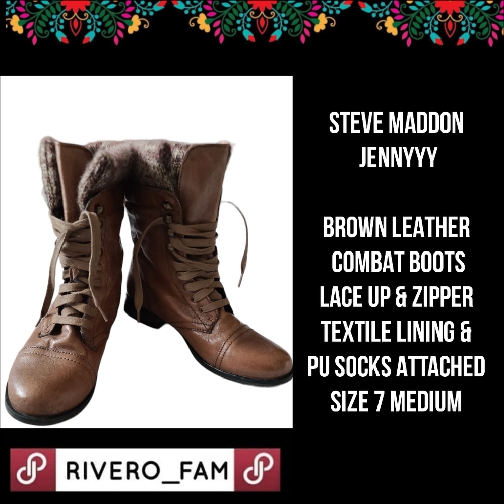 STEVE MADDON JENNYYY BROWN LEATHER COMBAT BOOTS LACE UP & ZIPPER TEXTILE LINING